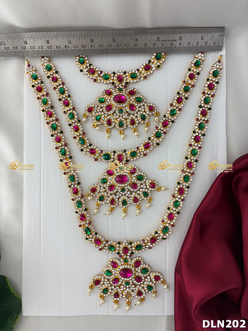 Lakshmi / Amman White Green & Pink Stones 3 Step Long Haram DLN202 deity long haram image 3