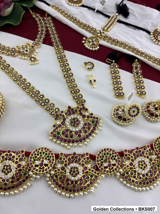 Nine-piece real kemp Bharatanatyam dance jewellery set with rakodi, belt and mattal close view showing kemp stone work