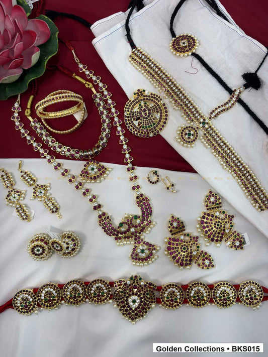Ten-piece real kemp Bharatanatyam dance jewellery set with bajuband, rakodi and belt close view showing kemp stone work