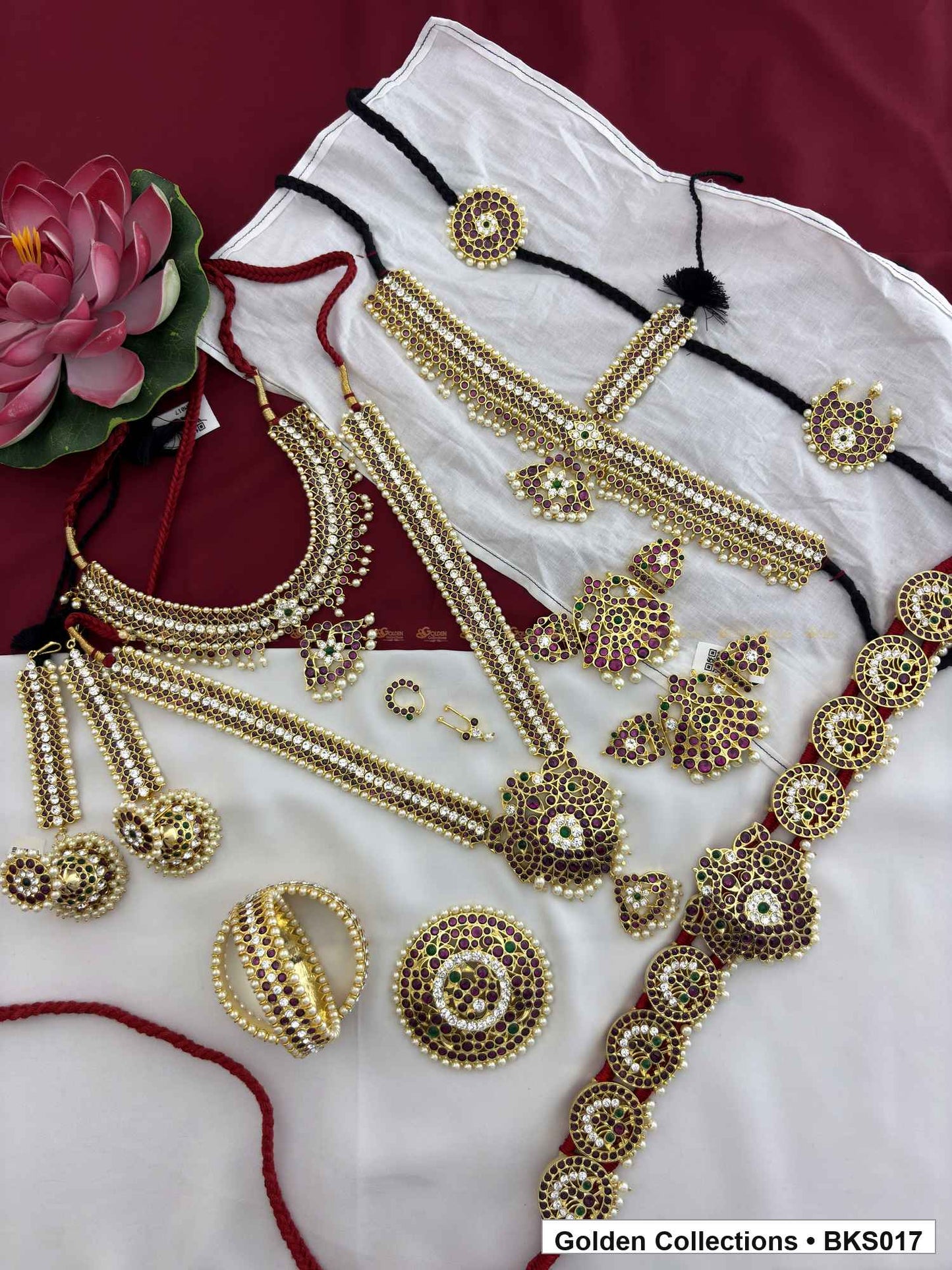 Ten-piece real kemp Bharatanatyam arangetram jewellery set with bajuband and belt additional view showing included classical dance jewellery pieces