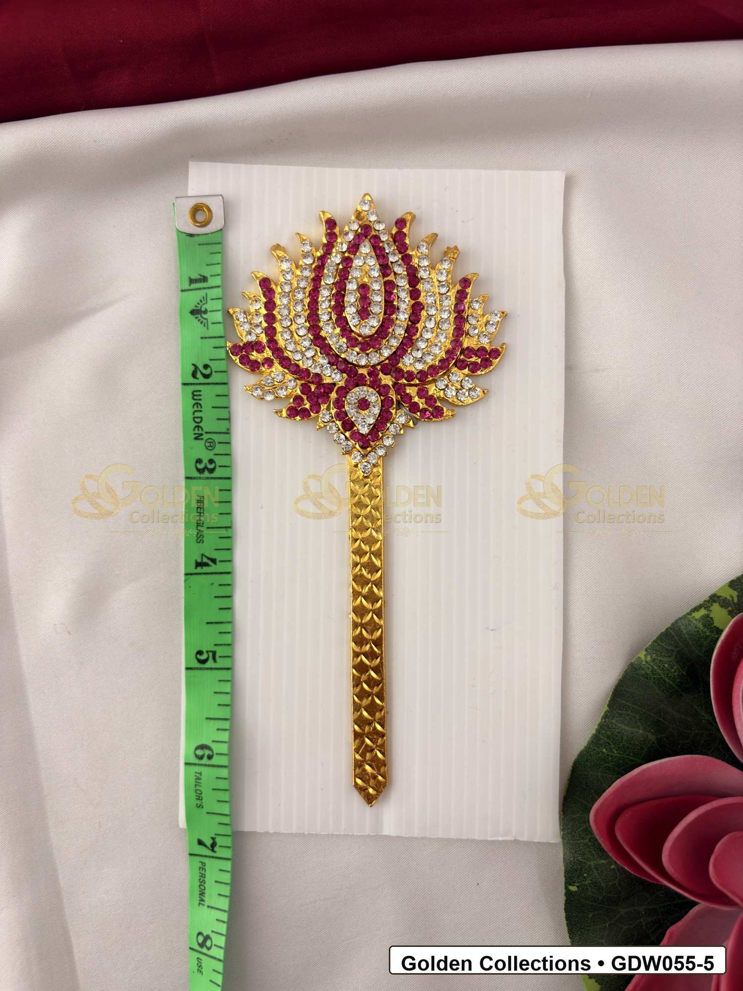 Measurement and scale view of Gold-Plated Deity Lotus for Goddess Alankaram for fit checking