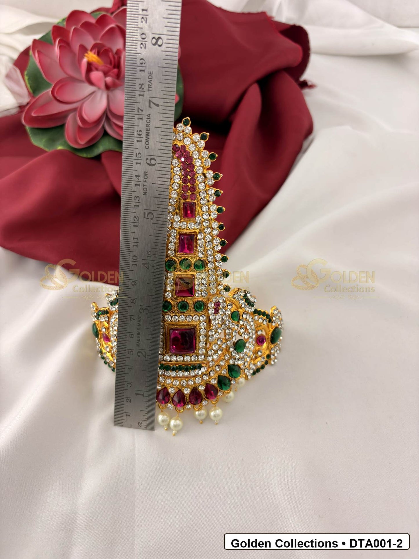 Measurement photo showing 6 Inches gold-plated deity taira for idol alankaram for deity idol alankaram