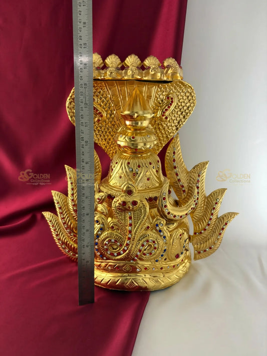 Golden Collections Gold Plated Nagaraja Naga Kireedam Crown - Front view with a ruler demonstrating the impressive height of the traditional headgear.