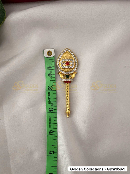 Measurement photo showing 3 Inches gold-plated vel for subramanya swamy idol alankaram for deity idol alankaram