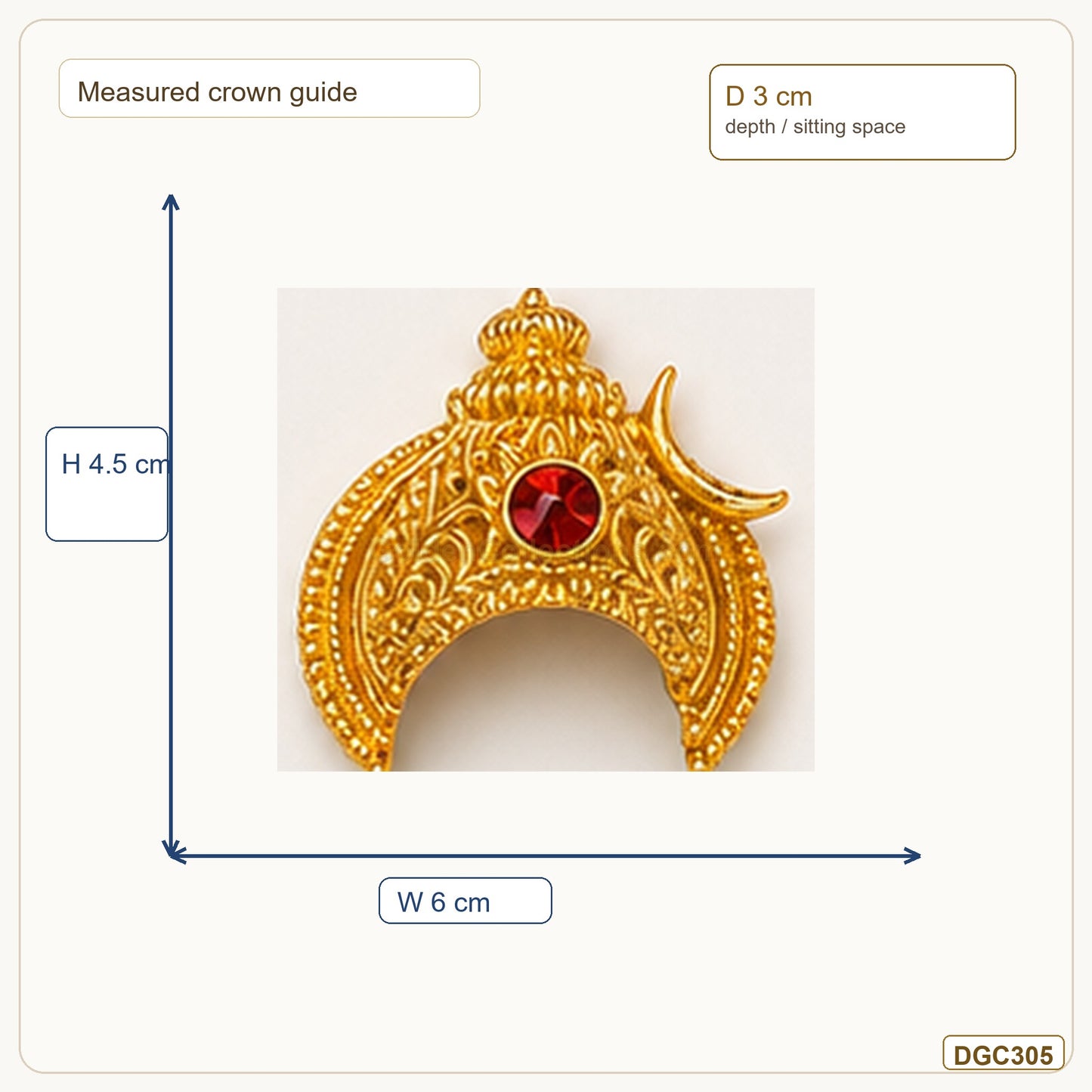 Small Deity Arched Crescent Gold Plated Crown with Red Stone measurement guide showing 4.5 x 6 x 3 cm Height x Width x Depth