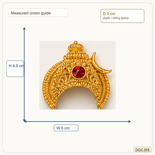 Small Deity Arched Crescent Gold Plated Crown with Red Stone measurement guide showing 4.5 x 6 x 3 cm Height x Width x Depth