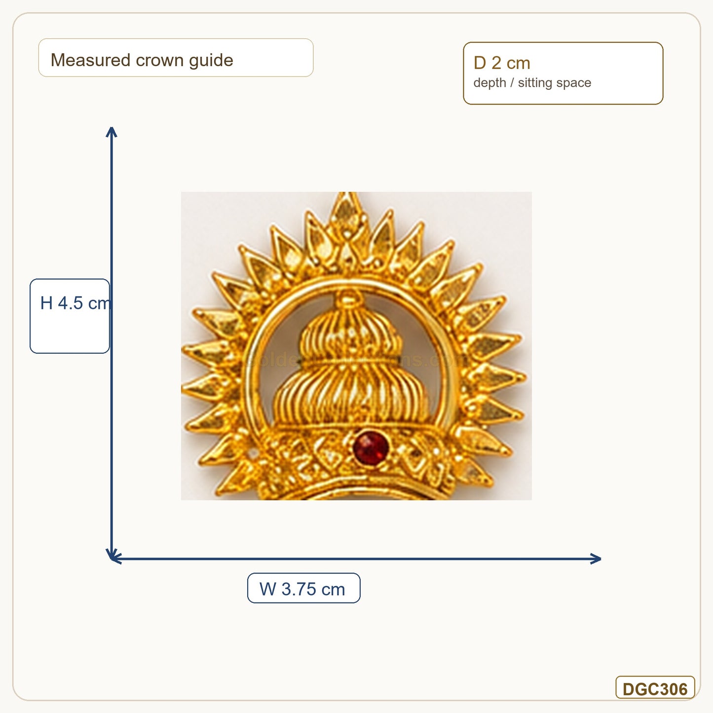 Small Deity Sun Jwala Gold Plated Crown with Red Stone measurement guide showing 4.5 x 3.75 x 2 cm Height x Width x Depth