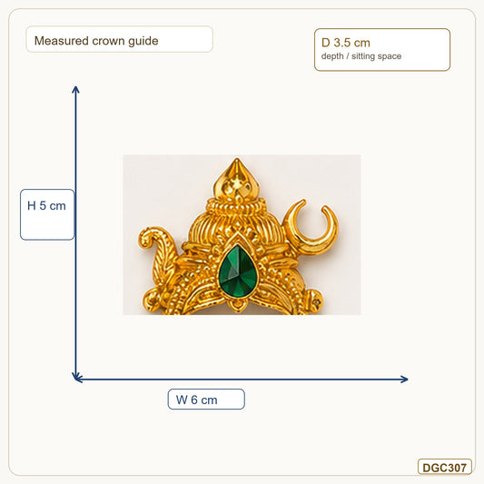 Small Deity Swan Style Gold Plated Crown with Green Stone measurement guide showing 5 x 6 x 3.5 cm Height x Width x Depth