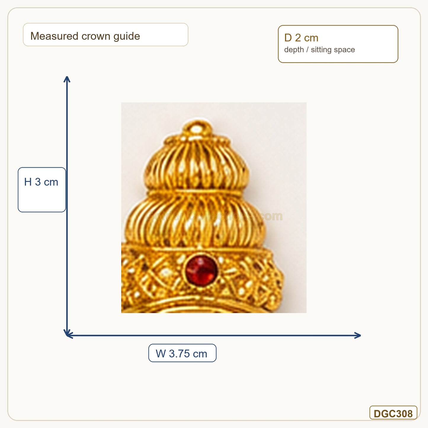 Small Deity Tiered Small Gold Plated Crown with Red Stone measurement guide showing 3 x 3.75 x 2 cm Height x Width x Depth