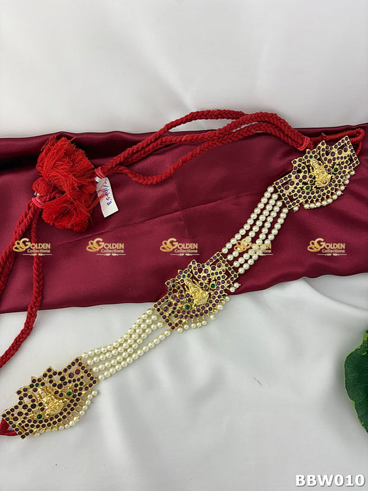 Kemp Bharatanatyam Vaddanam temple jewellery waistbelt with Lakshmi motif and pearl chains - golden collections