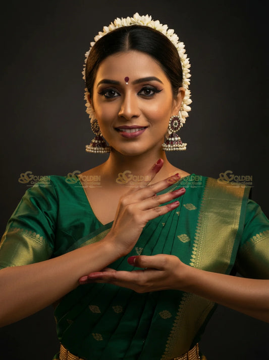 Golden Collections Gold Plated Kemp Black Earrings - Model in Bharatanatyam temple attire posing gracefully.