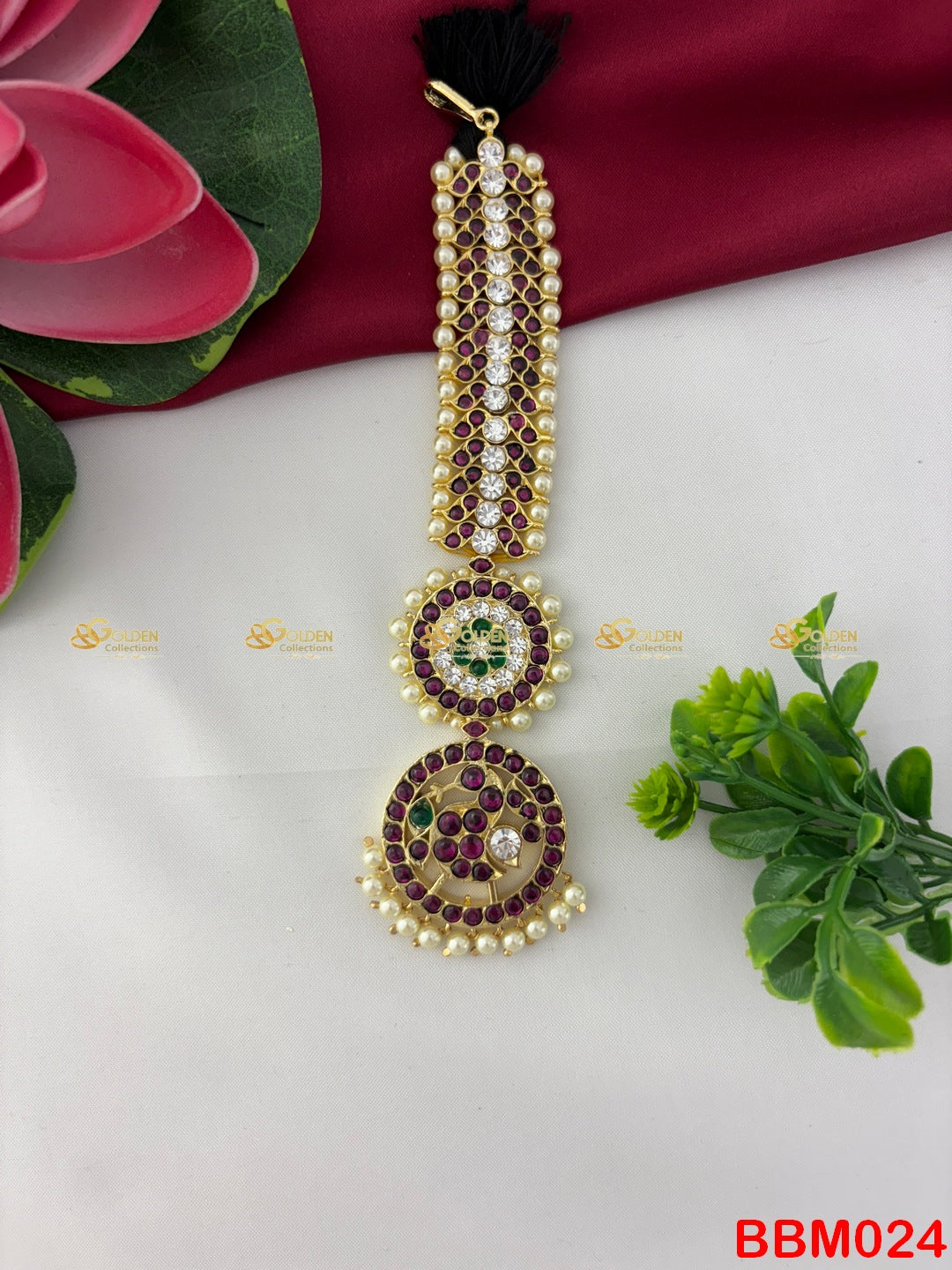 Kemp Circular Maang Tikka | Nethichutti Temple Jewellery for Bharatanatyam Dance