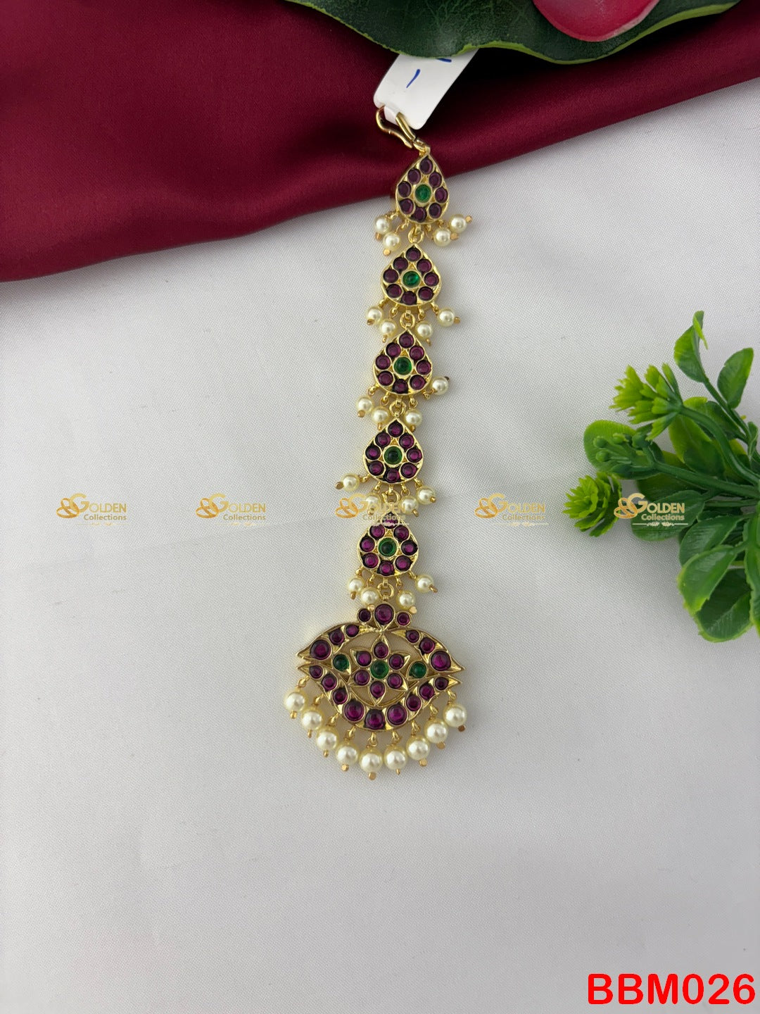 Buy Kemp Long Drop Maang Tikka (Nethichutti) with pearls & temple jewellery design for Bharatanatyam