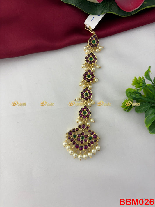 Kemp Long Drop Maang Tikka Nethichutti | Bharatanatyam Temple Jewellery Online – GoldenCollections