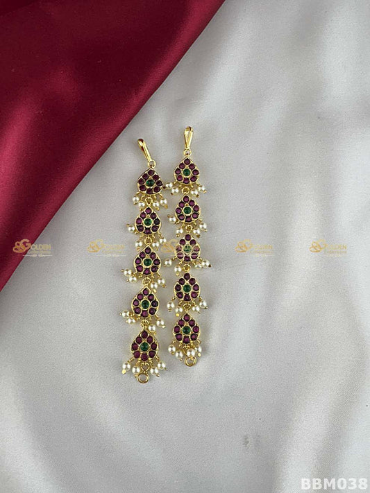 Kemp matil Bharatanatyam temple jewellery side head chain with pearl drops-BBM038
