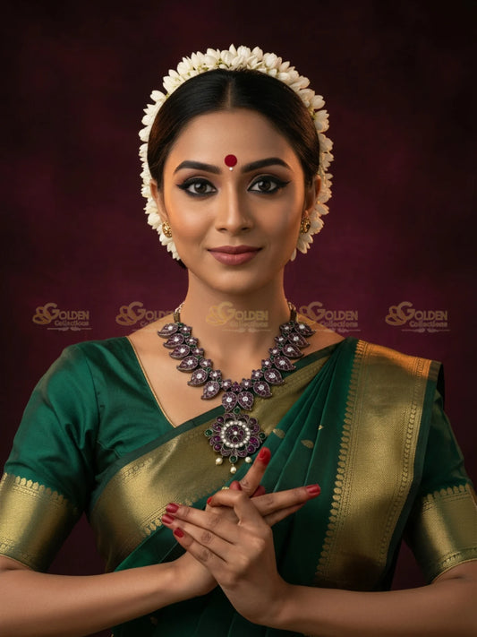 Golden Collections Black Kemp Short Necklace - Model in traditional Bharatanatyam attire with gold plated temple jewelry.