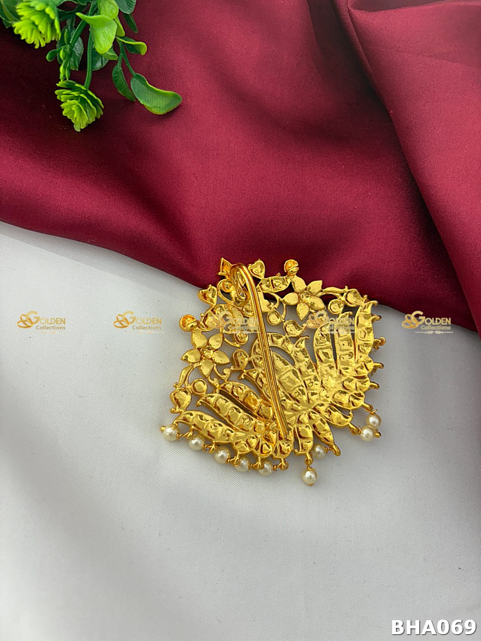 Side or detail view of Kemp Rakodi Hair Crown for Bharatanatyam showing crown shape and pinning reference