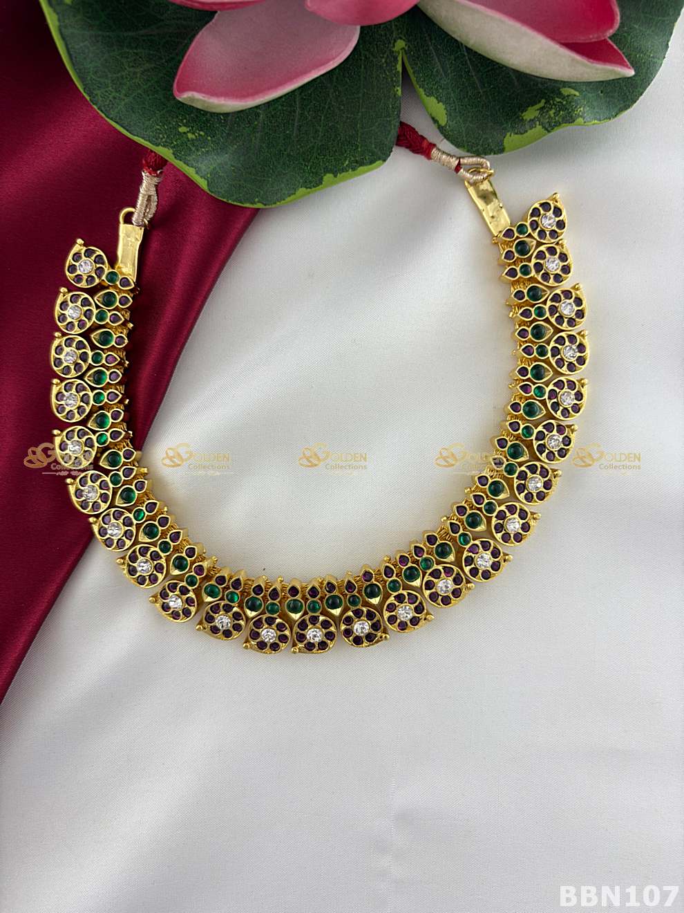 Kemp short necklace for Bharatanatyam temple jewellery choker with pearl drops-BBN107