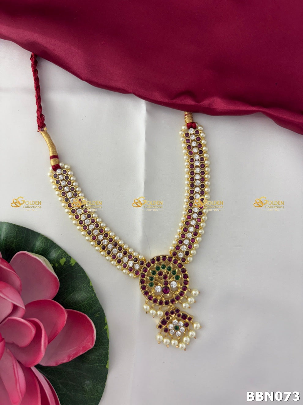 Kemp Short Necklace with Pearls & Floral Pendant | Bharatanatyam Temple Jewellery