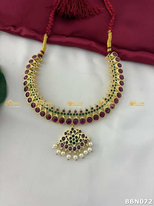 Kemp Short Necklace Ruby Green Stones | Bharatanatyam Temple Jewellery