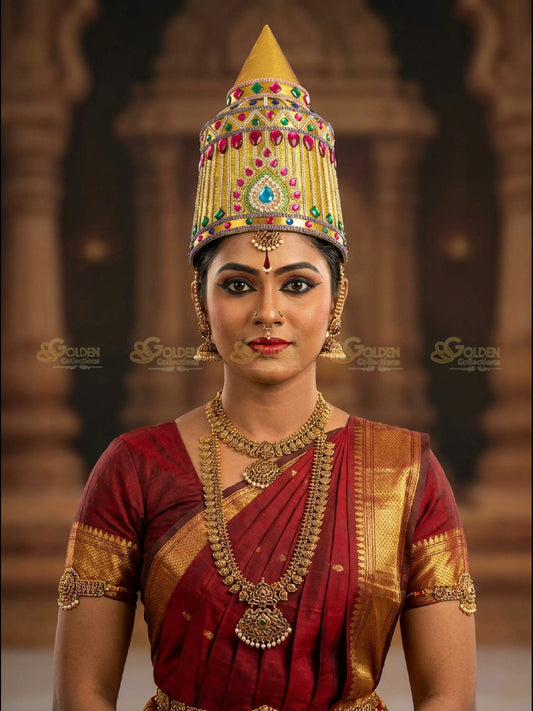 Golden Collections Gold Plated Drama Crown - Model wearing crown with traditional dress in cultural setting