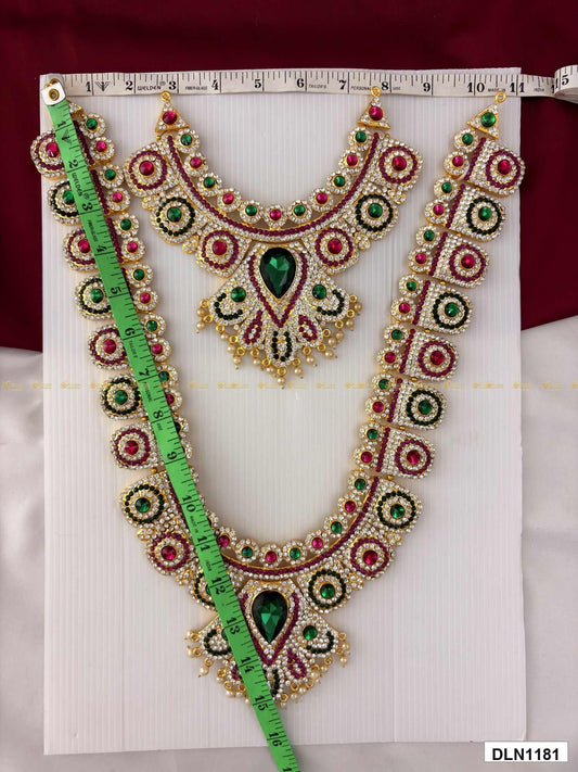 Measurement photo of deity long haram set with measuring tape for idol alankaram size reference