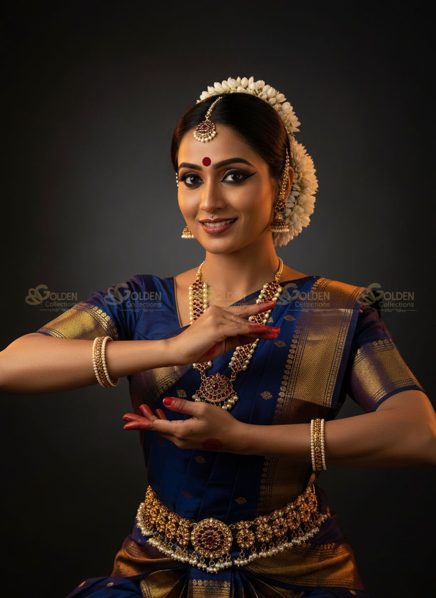 Golden Collections Kemp Mattal Gold, temple jewelry earring, with ruby and pearl beads on a model's ear.