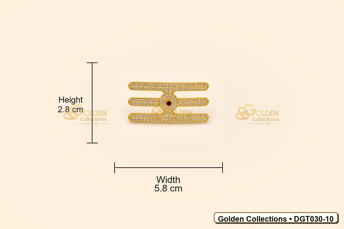 Measurement view showing height 2.8 cm and width 5.8 cm for Shiva Vibhuti Tripund Tilak with CZ Stones for Deity Idols DGT030-10 from Golden Collections