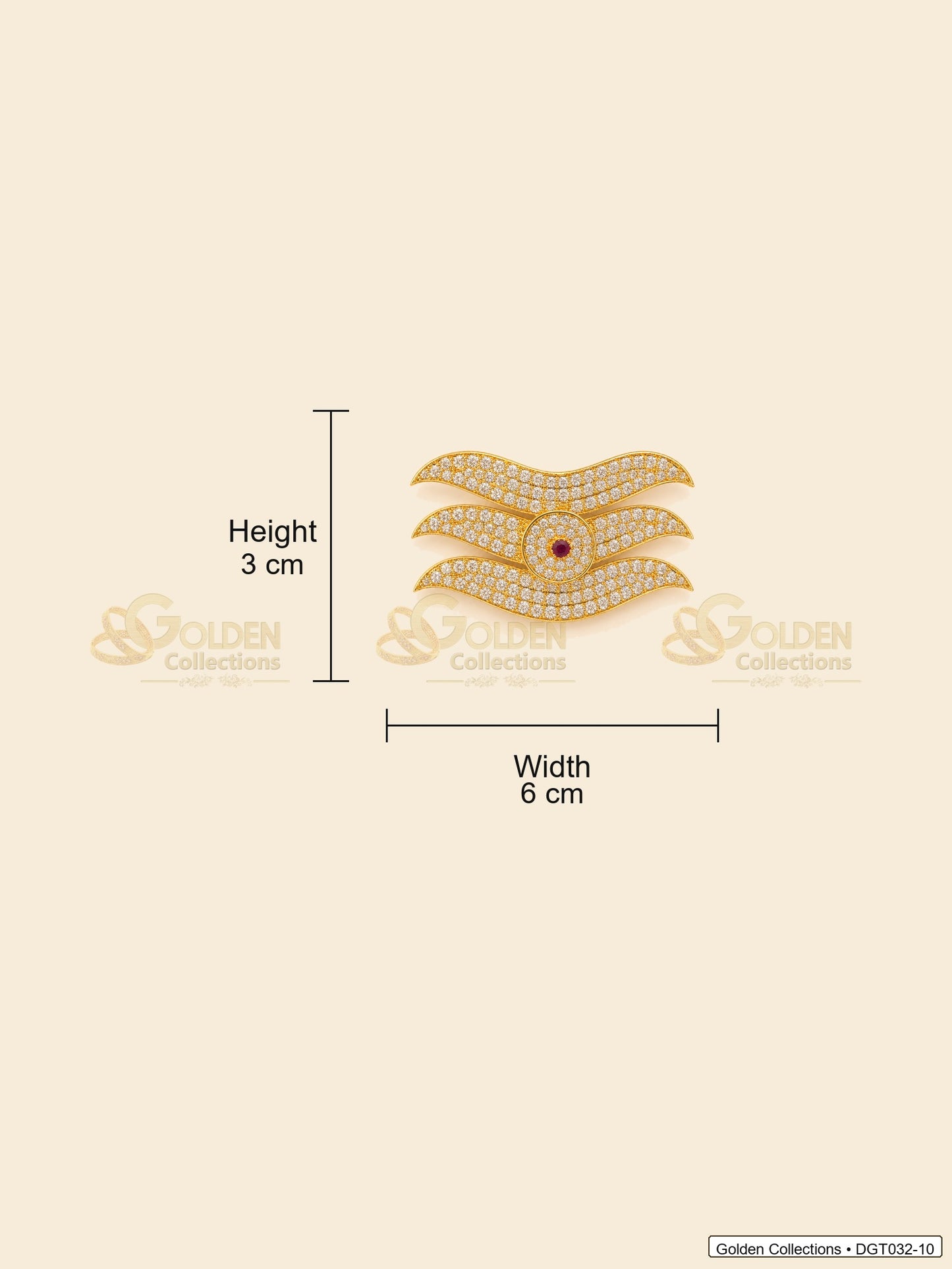 Measurement image showing height 3 cm and width 6 cm for wave Shiva Tripund tilak bindi with CZ-style stones for idol alankaram