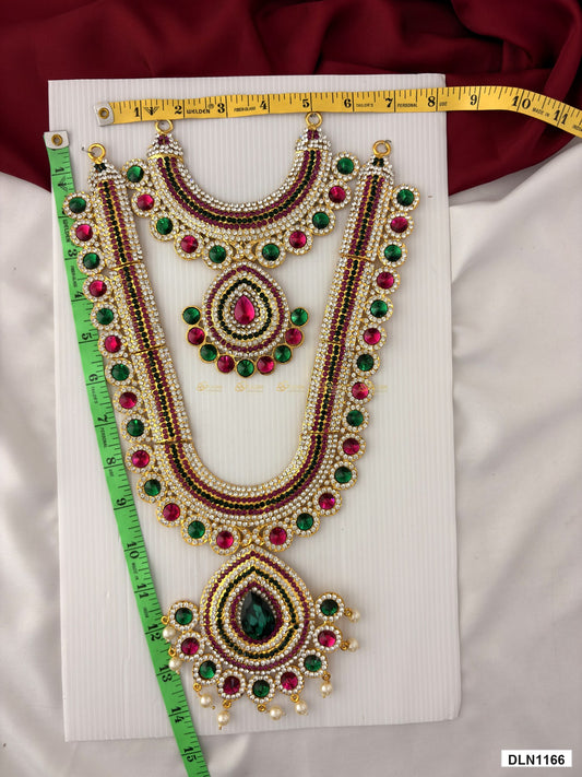 Measurement photo showing 14 x 7 Inches deity long haram with measuring tape for idol alankaram