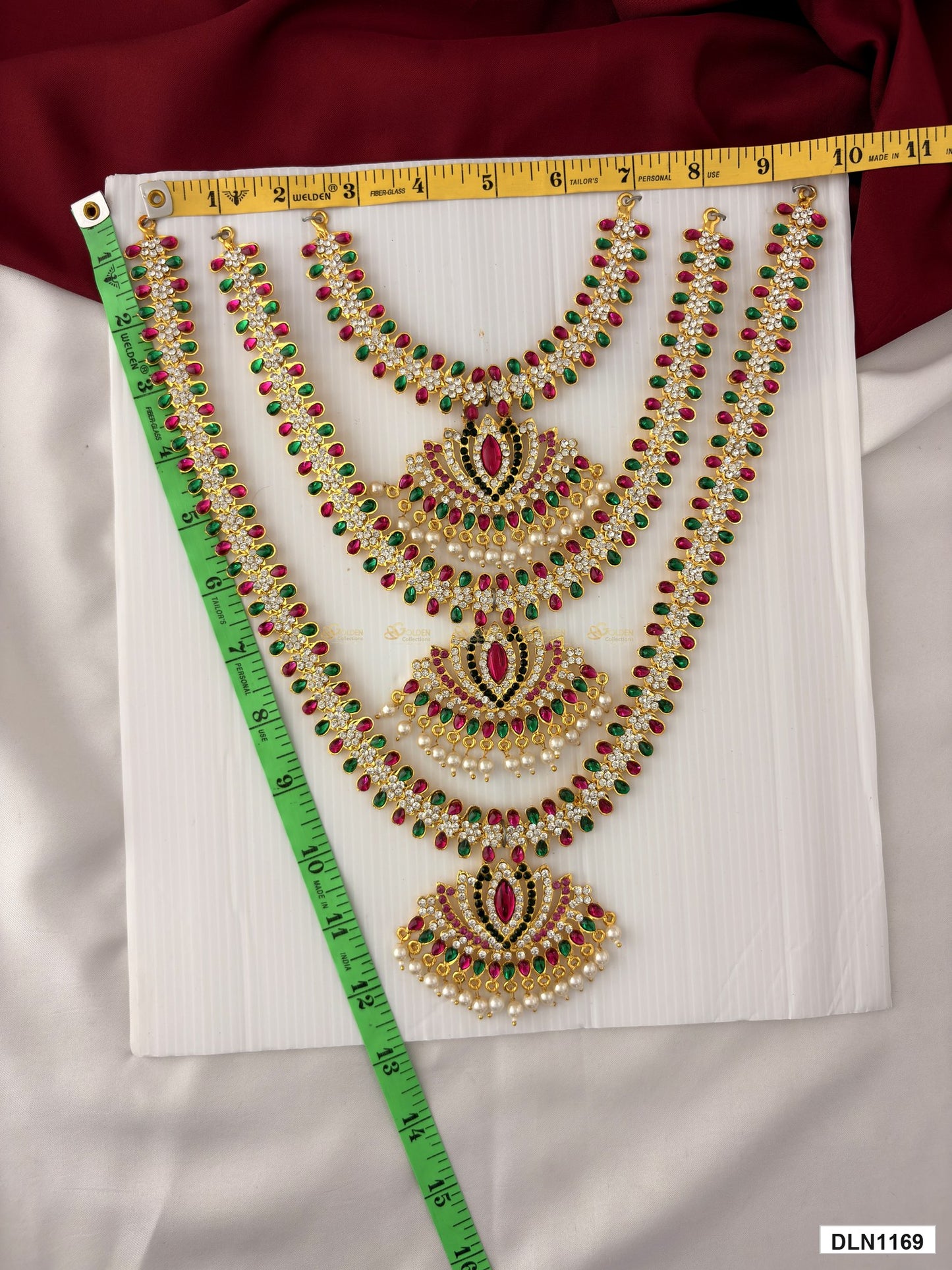 Measurement photo showing 12 x 10 Inches deity long haram with measuring tape for idol alankaram