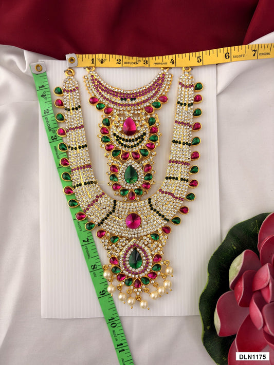 Measurement photo showing 9 x 5 Inches deity long haram with measuring tape for idol alankaram