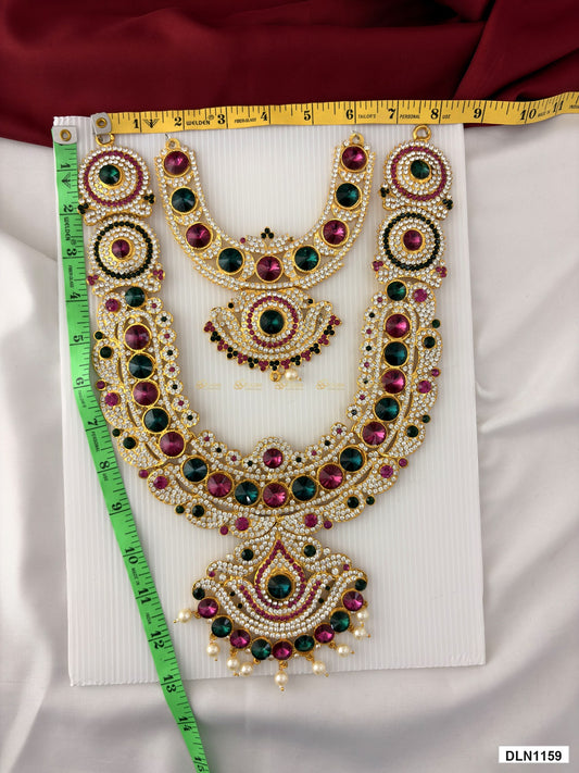 Measurement photo showing 13 x 7 Inches deity long haram with measuring tape for idol alankaram