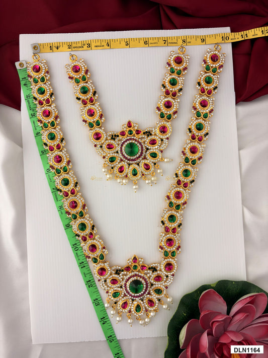 Measurement photo showing 15 x 9 Inches deity long haram with measuring tape for idol alankaram