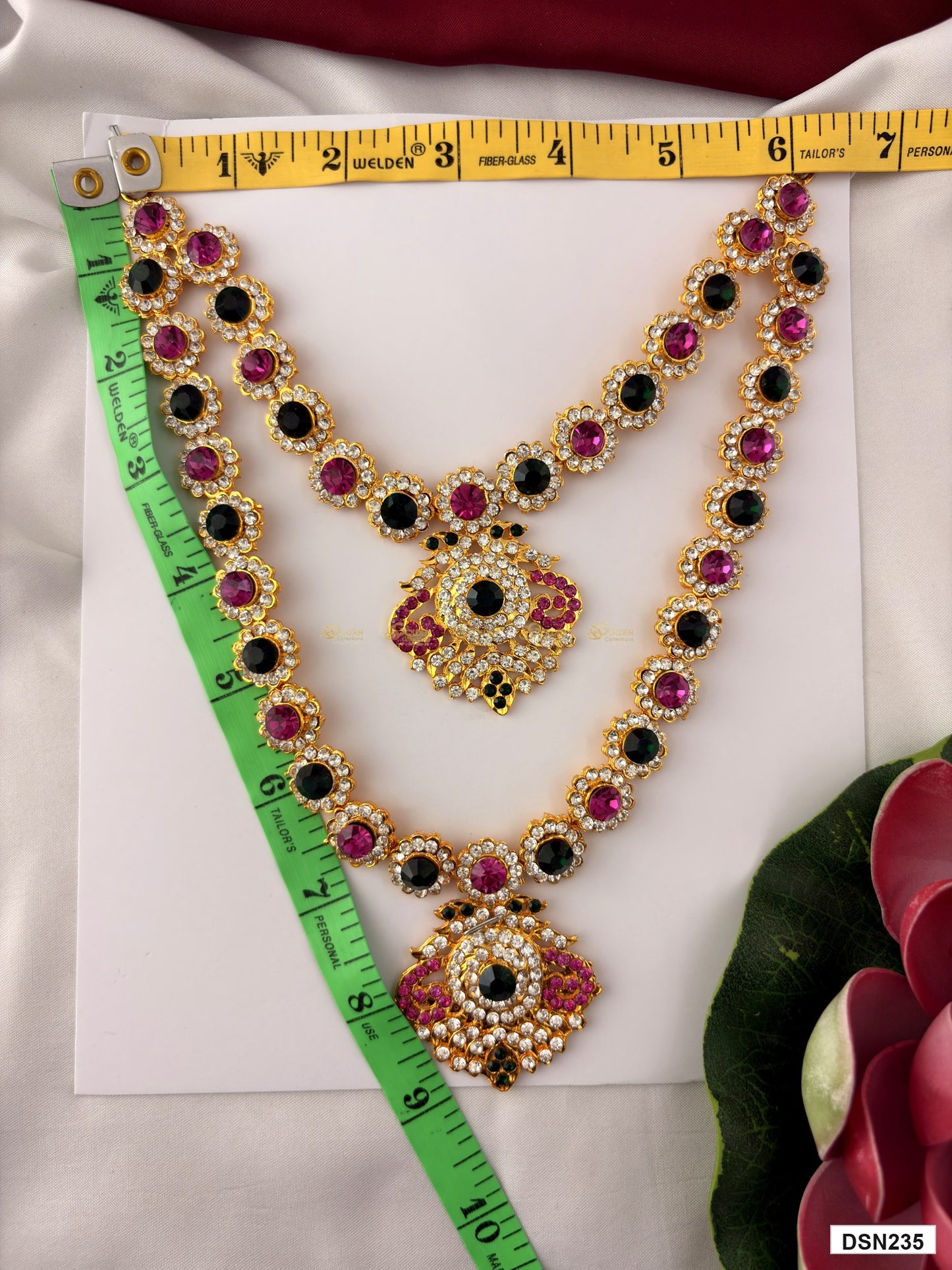 Measurement photo showing 6 x 4 Inches deity short haram with measuring tape for idol alankaram