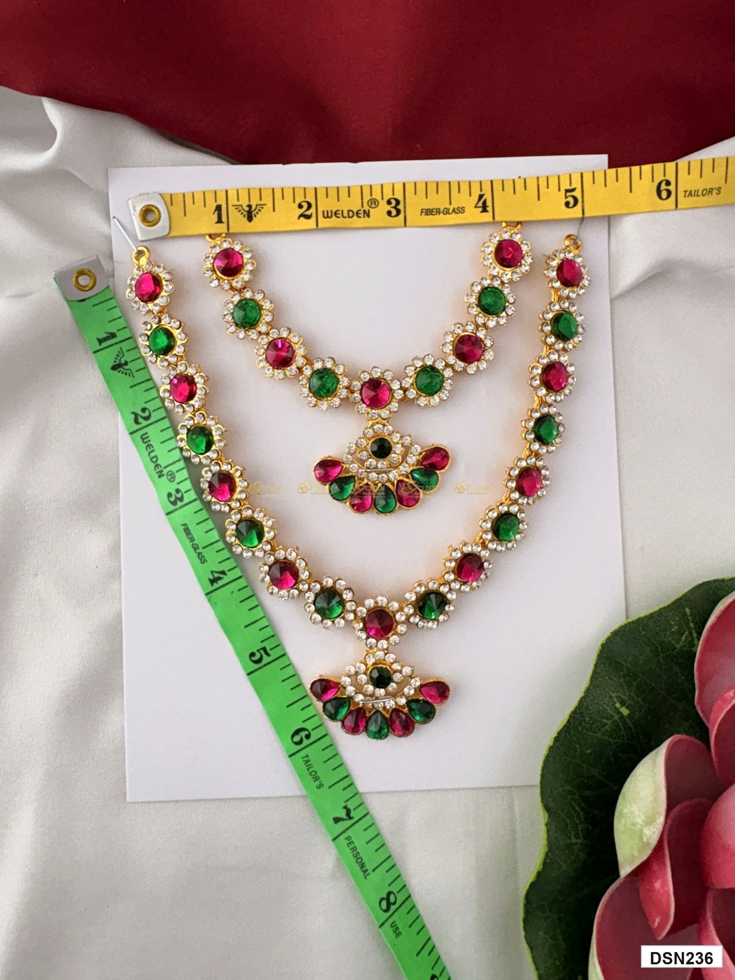 Measurement photo showing 6 x 5 Inches deity short haram with measuring tape for idol alankaram