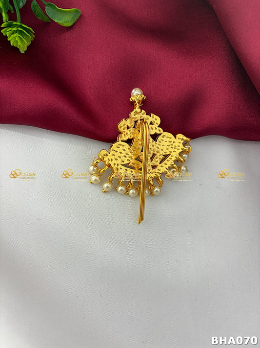 Multicolor Kemp rakodi crown for Bharatanatyam hair bun with pearl drops – Golden Collections