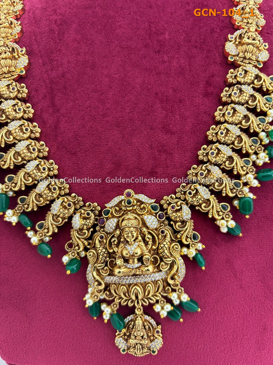 Nakshi Long Laxmi Necklace Set With Green Beads GoldenCollections 2