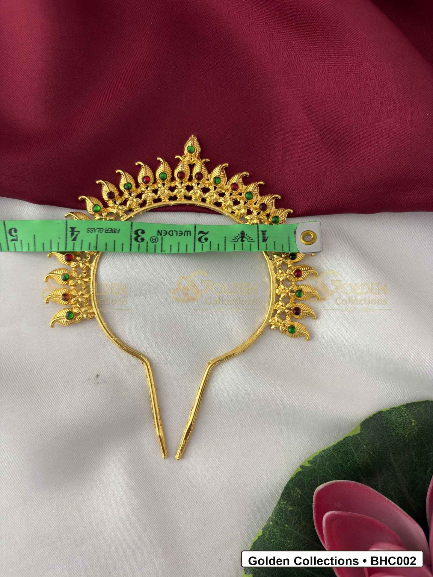 Side or detail view of Ornate Bharatanatyam Hair Crown for Dance Costume showing crown shape and pinning reference