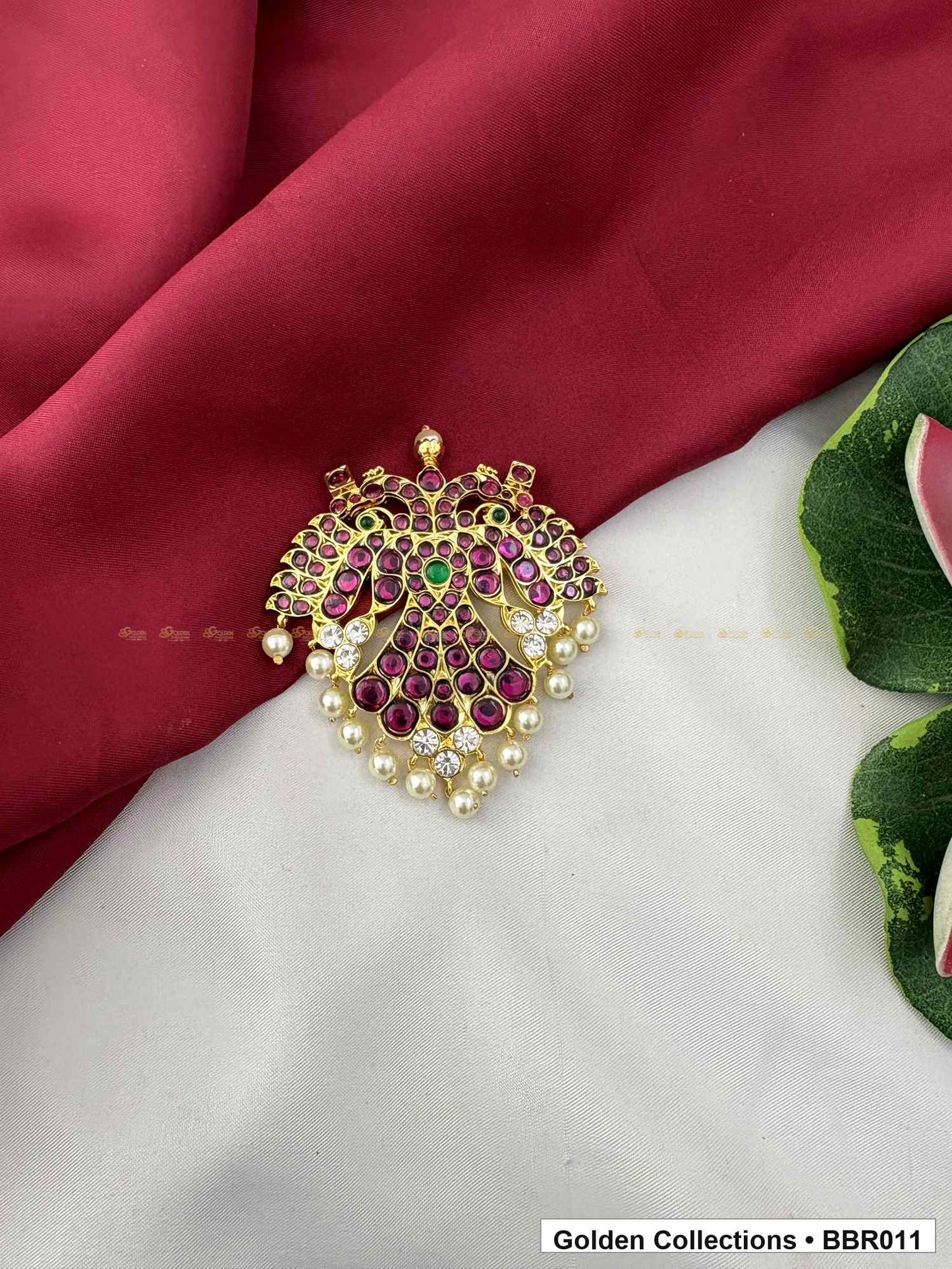 Angled product view of Ornate Real Kemp Rakodi with Pearl Drop Border from Golden Collections