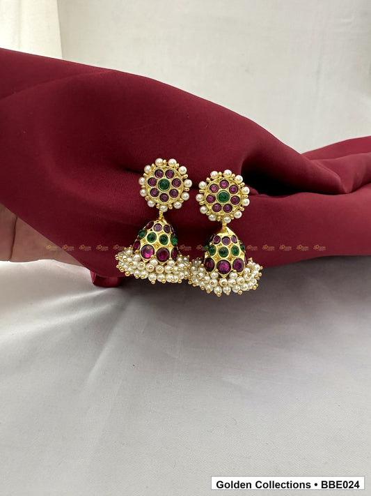 Angled product view of Pearl Drop Real Kemp Jhumki Earrings from Golden Collections