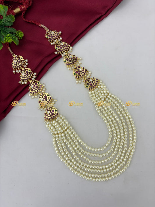 Pearl Kemp Stone Long Haram Handmade Bharatanatyam Necklace Color: Kemp Style: Kemp Short Necklace Image 2