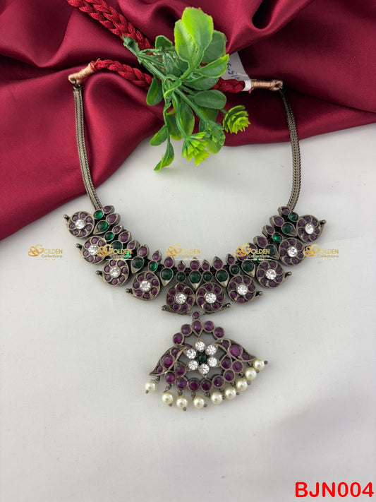 Bharatanatyam Kemp Necklace Black Polish | Mango Temple Jewellery