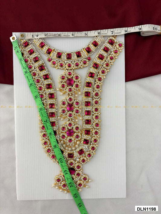 Measurement photo of deity chest long haram with measuring tape for idol alankaram size reference