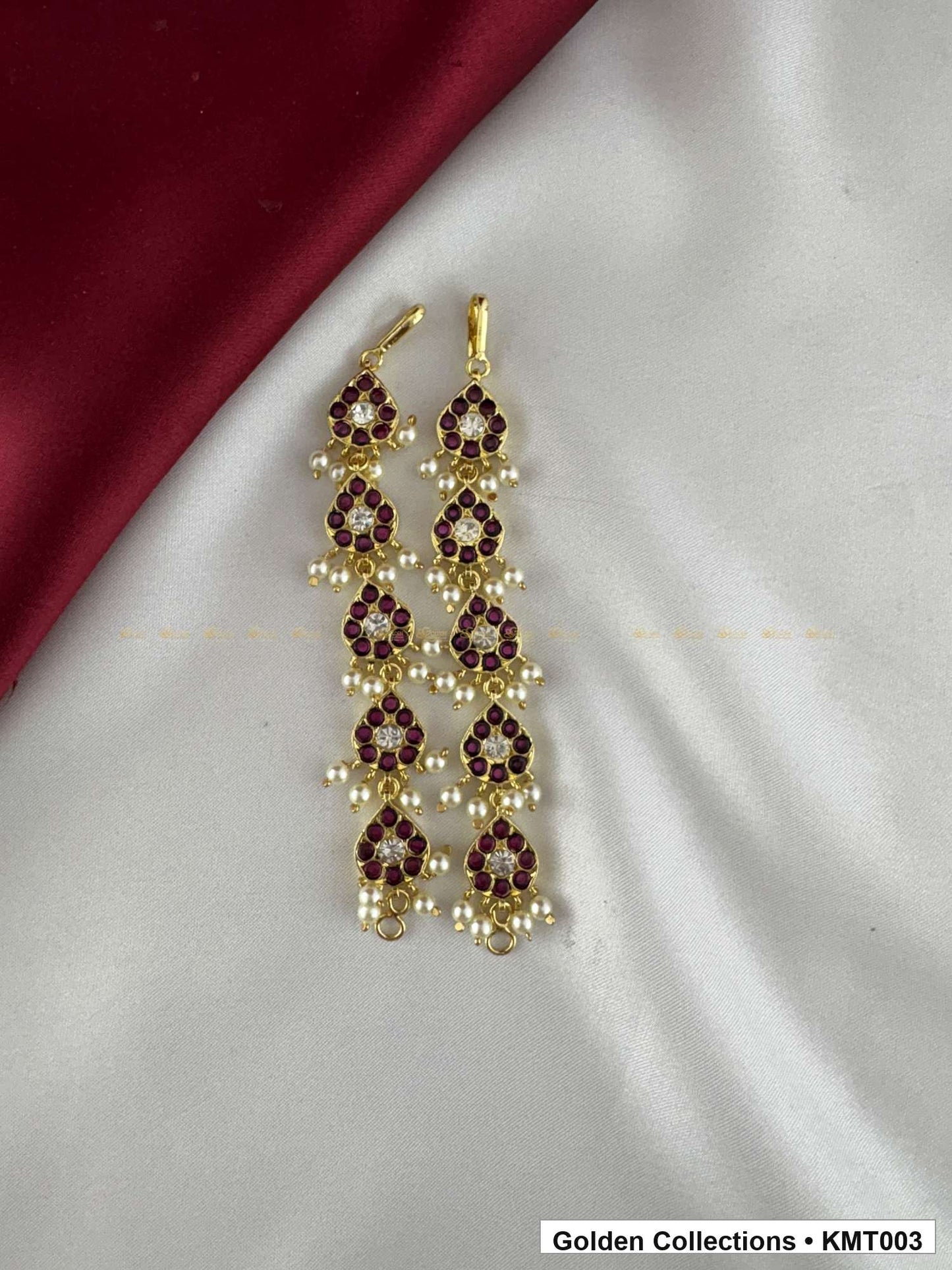 Angled product view of Red Stone Linked Real Kemp Mattal Ear Chains from Golden Collections