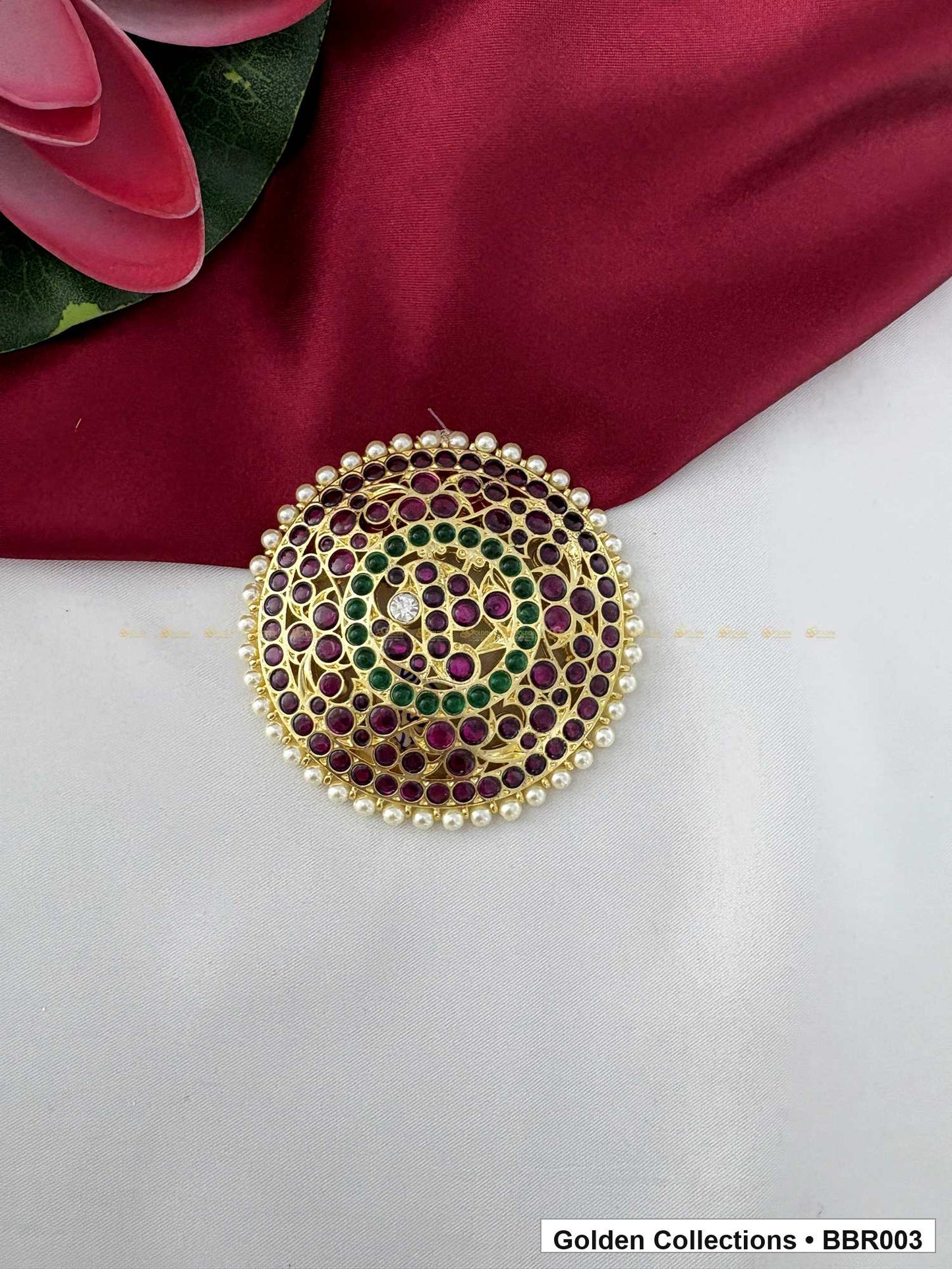 Angled product view of Round Real Kemp Rakodi with Red and Green Stones from Golden Collections