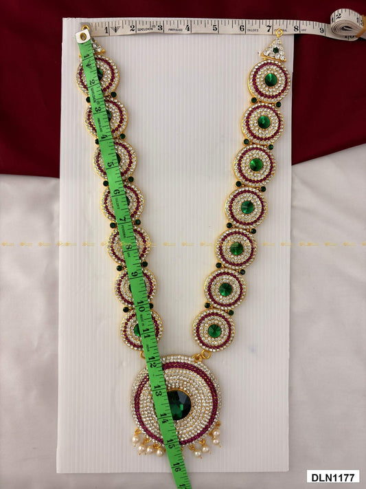 Measurement photo of deity long haram with measuring tape for idol alankaram size reference