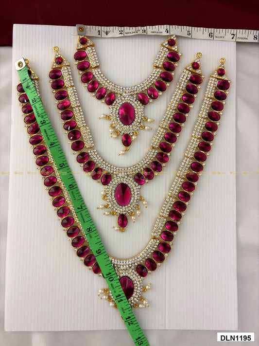 Measurement photo of deity long haram set with measuring tape for idol alankaram size reference