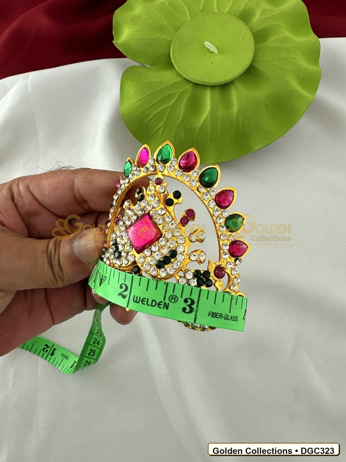 Side view of Small Arch Deity Crown Mukut with Pink Center Stone 2.5 x 3.5 x 2.75 inches DGC323 from Golden Collections