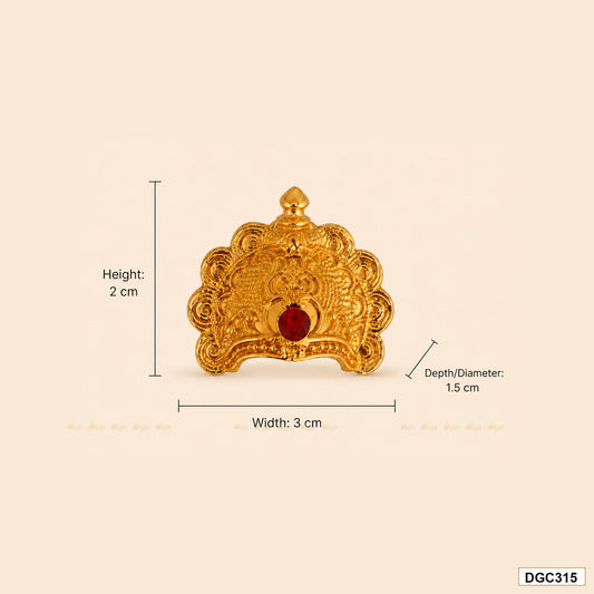 Measurement photo showing DGC315 small deity crown size 2 cm height, 3 cm width and 1.5 cm depth for idol alankaram
